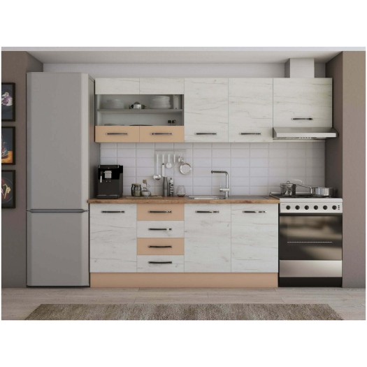 Bucatarie Alfa cu blat termic si vitrina, 240x210x60 cm, alb murdar/cappuccino