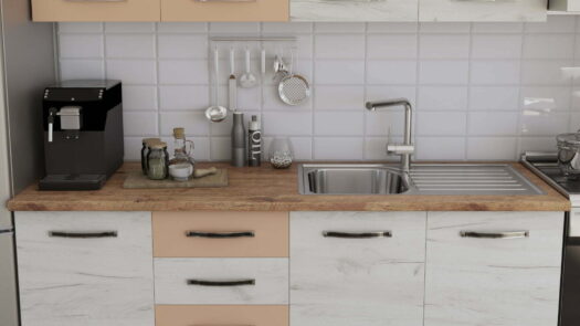 Bucatarie Alfa cu blat termic si vitrina, 240x210x60 cm, alb murdar/cappuccino - imagine 2