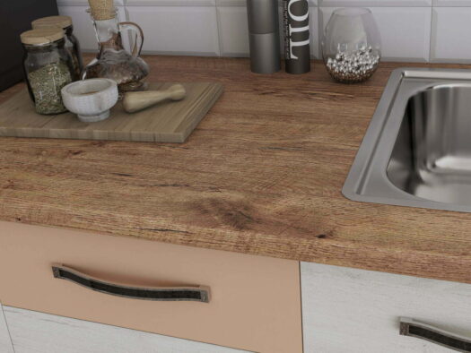 Bucatarie Alfa cu blat termic si vitrina, 240x210x60 cm, alb murdar/cappuccino - imagine 3