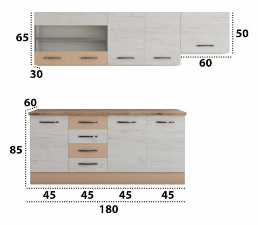 Bucatarie Alfa cu blat termic si vitrina, 240x210x60 cm, alb murdar/cappuccino - imagine 4