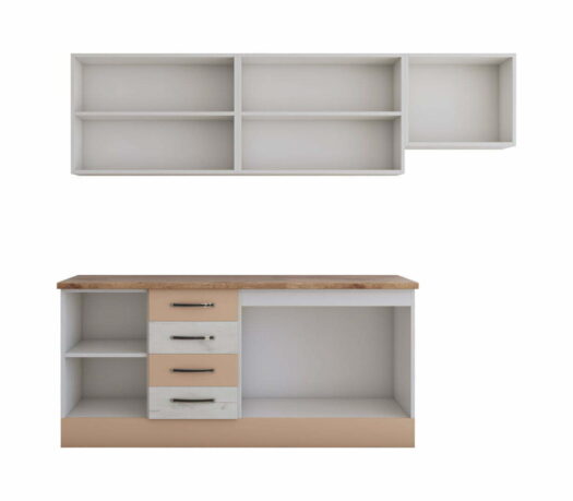 Bucatarie Alfa cu blat termic si vitrina, 240x210x60 cm, alb murdar/cappuccino - imagine 5
