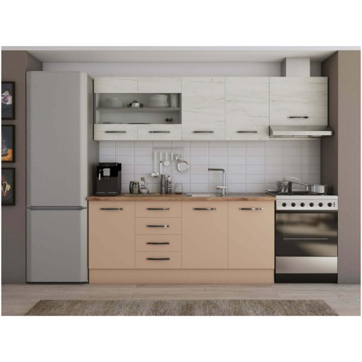 Bucatarie Alfa cu blat termic si vitrina, 240x210x60 cm, cappuccino/alb murdar