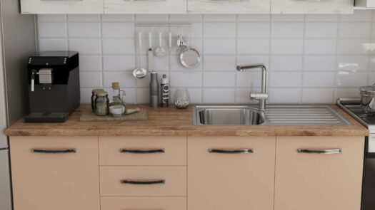 Bucatarie Alfa cu blat termic si vitrina, 240x210x60 cm, cappuccino/alb murdar - imagine 2