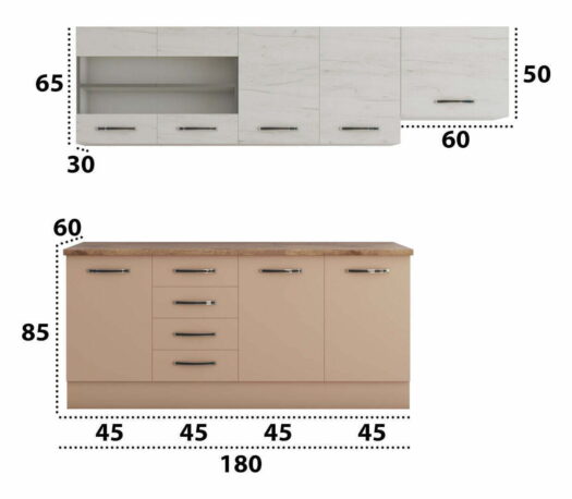 Bucatarie Alfa cu blat termic si vitrina, 240x210x60 cm, cappuccino/alb murdar - imagine 4