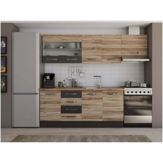 Bucatarie Alfa cu blat termic si vitrina, 240x210x60 cm, lyon/wenge