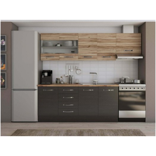 Bucatarie Alfa cu blat termic si vitrina, 240x210x60 cm, wenge/lyon