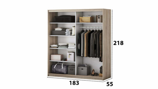 Compartimentare si Dimensiuni Dressing Dormitor Beta SonomaAlb cu dulap 183 cm lungime si pat compatibil 160x200 cm
