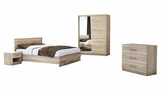 Dormitor Beta Sonoma cu dulap 183 cm lungime si pat compatibil 160x200 cm cu fundal alb