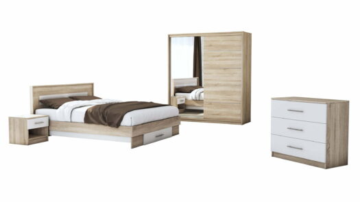 Dormitor Beta SonomaAlb cu dulap 183 cm lungime si pat compatibil 140x200 cm cu fundal alb