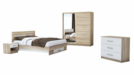 Dormitor Beta SonomaAlb cu dulap 183 cm lungime si pat compatibil 160x200 cm cu fundal alb