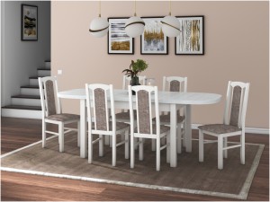 Set masa extensibila 160 x 200 cm cu 6 scaune tapitate, MB-12 Venus1 si S-37 Boss7 25B, Bialy, Lemn masiv de fag, Stofa