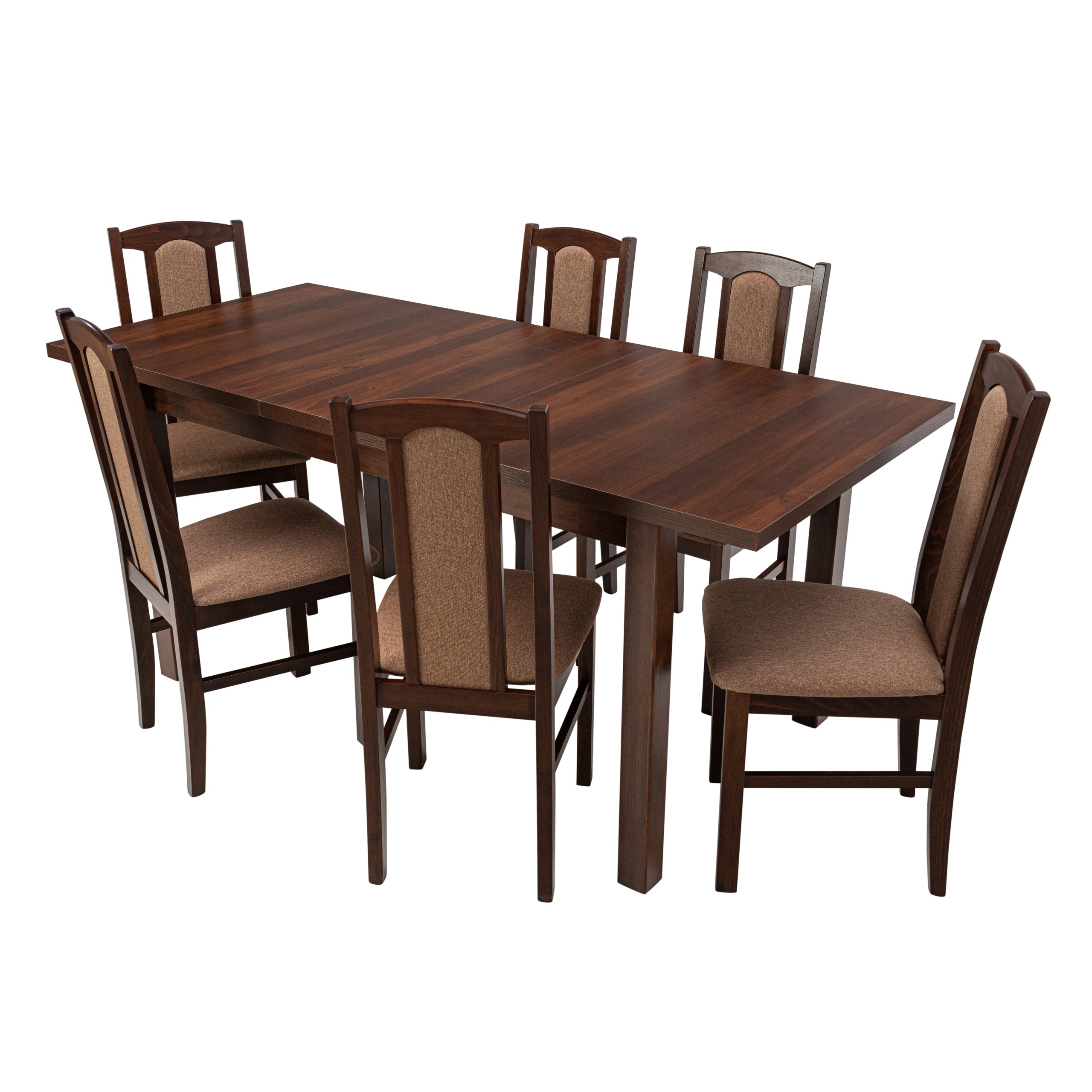 Set masa extensibila 140 x 180 cm cu 6 scaune tapitate, MB-21 Modena1 si S-37 Boss7 O15, nuc, lemn masiv de fag, stofa - imagine 3