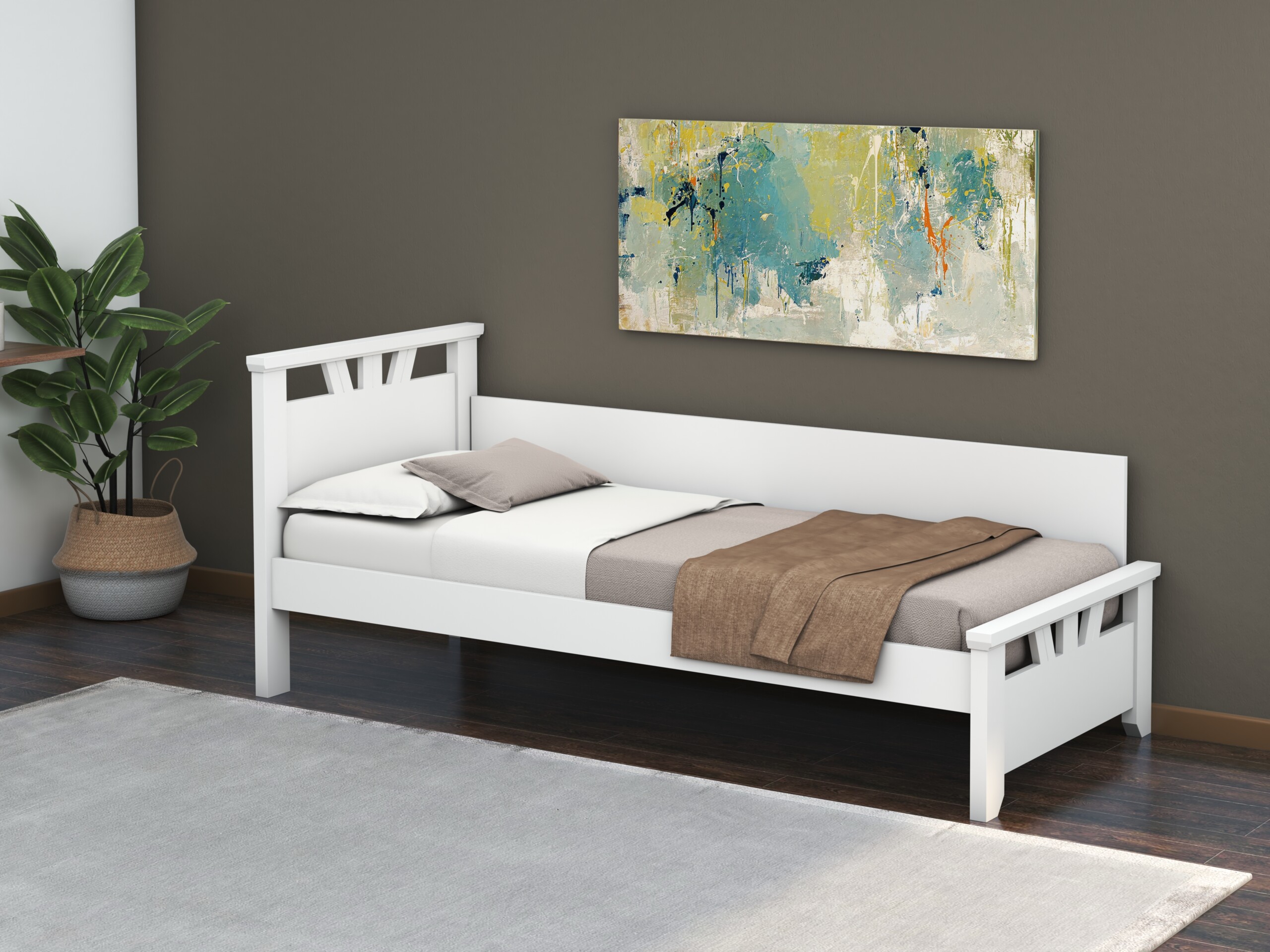 Pat Lenka, 90x200 cm, cu tablie, MDF, lemn masiv Fag, Alb