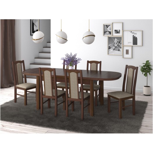 Set masa extensibila 160 x 200 cm cu 6 scaune tapitate, MB-12 Venus 1 si S-37, nuc, lemn masiv de fag, stofa