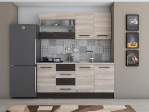 Bucatarie Alfa 180, cu vitrina, sonoma/wenge, blat termic travertin