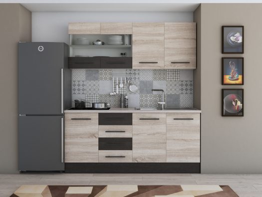 Bucatarie Alfa 180, cu vitrina, sonoma/wenge, blat termic travertin