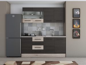 Bucatarie Alfa 180, cu vitrina, wenge/sonoma, blat termic travertin
