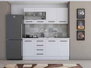 Bucatarie Alfa 180, cu vitrina, alb, blat termic alb