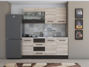 Bucatarie Alfa 180, cu vitrina, sonoma/wenge, blat termic alb