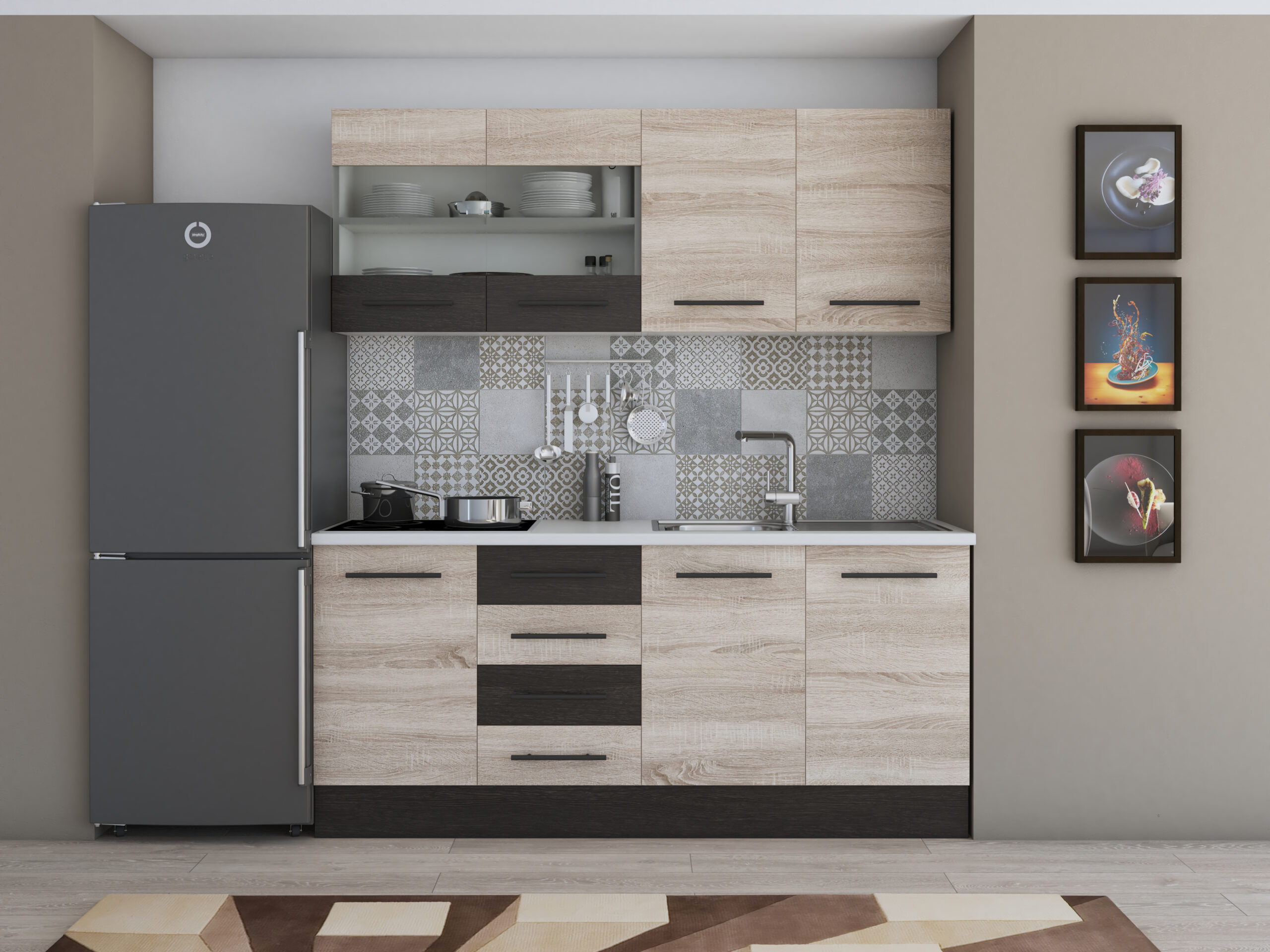 Bucatarie Alfa 180, cu vitrina, sonoma/wenge, blat termic alb