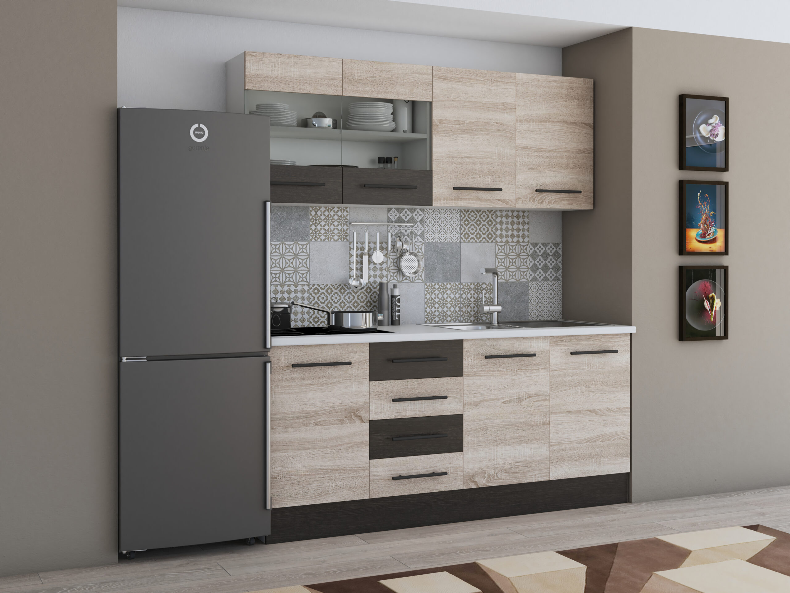 Bucatarie Alfa 180, cu vitrina, sonoma/wenge, blat termic alb - imagine 3