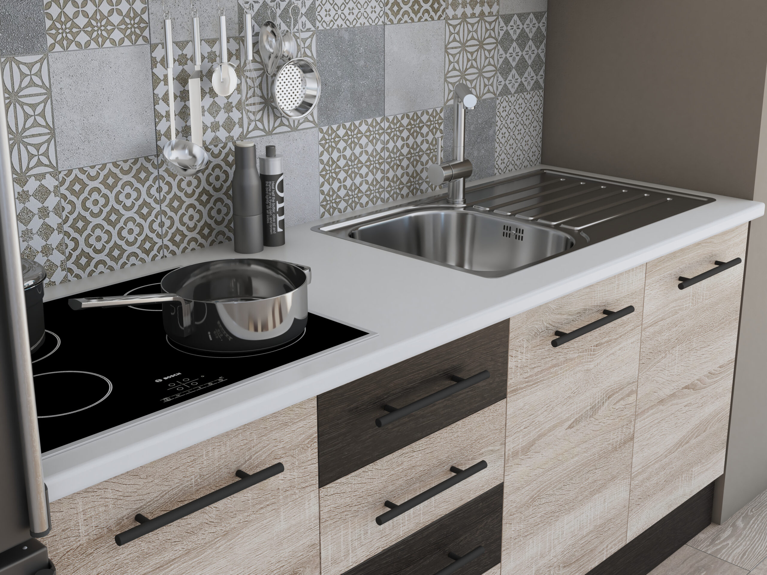 Bucatarie Alfa 180, cu vitrina, sonoma/wenge, blat termic alb - imagine 6