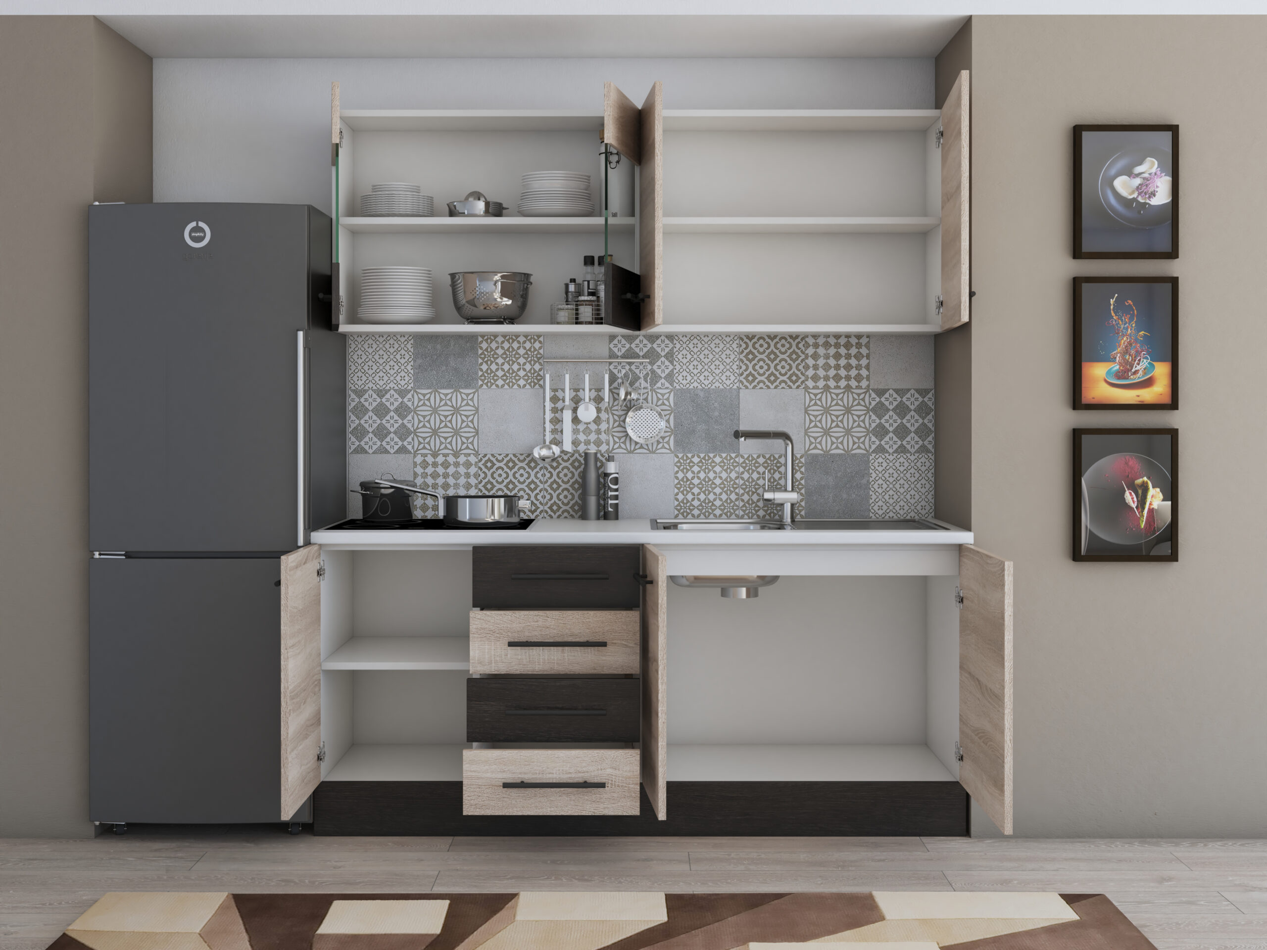 Bucatarie Alfa 180, cu vitrina, sonoma/wenge, blat termic alb - imagine 2