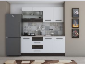 Bucatarie Alfa 180, cu vitrina, alb/wenge, blat termic travertin