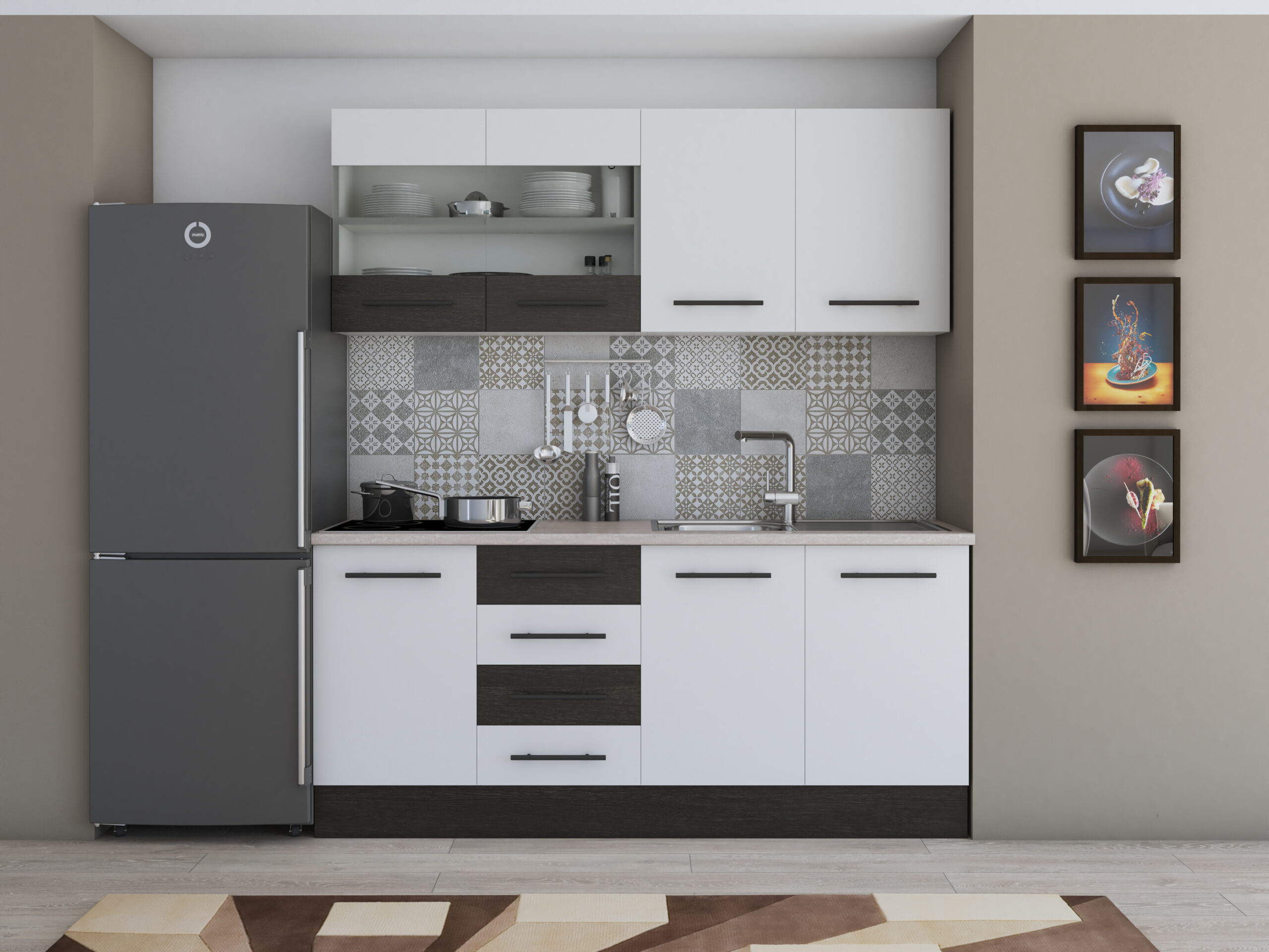 Bucatarie Alfa 180, cu vitrina, alb/wenge, blat termic travertin