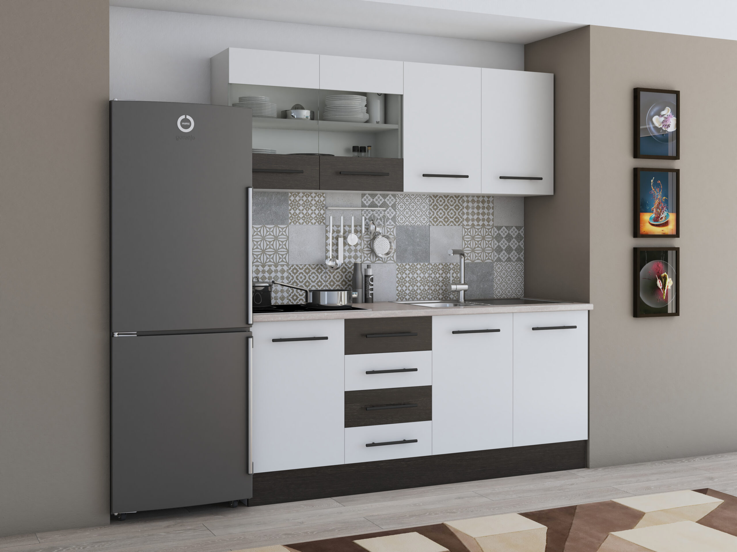 Bucatarie Alfa 180, cu vitrina, alb/wenge, blat termic travertin - imagine 3