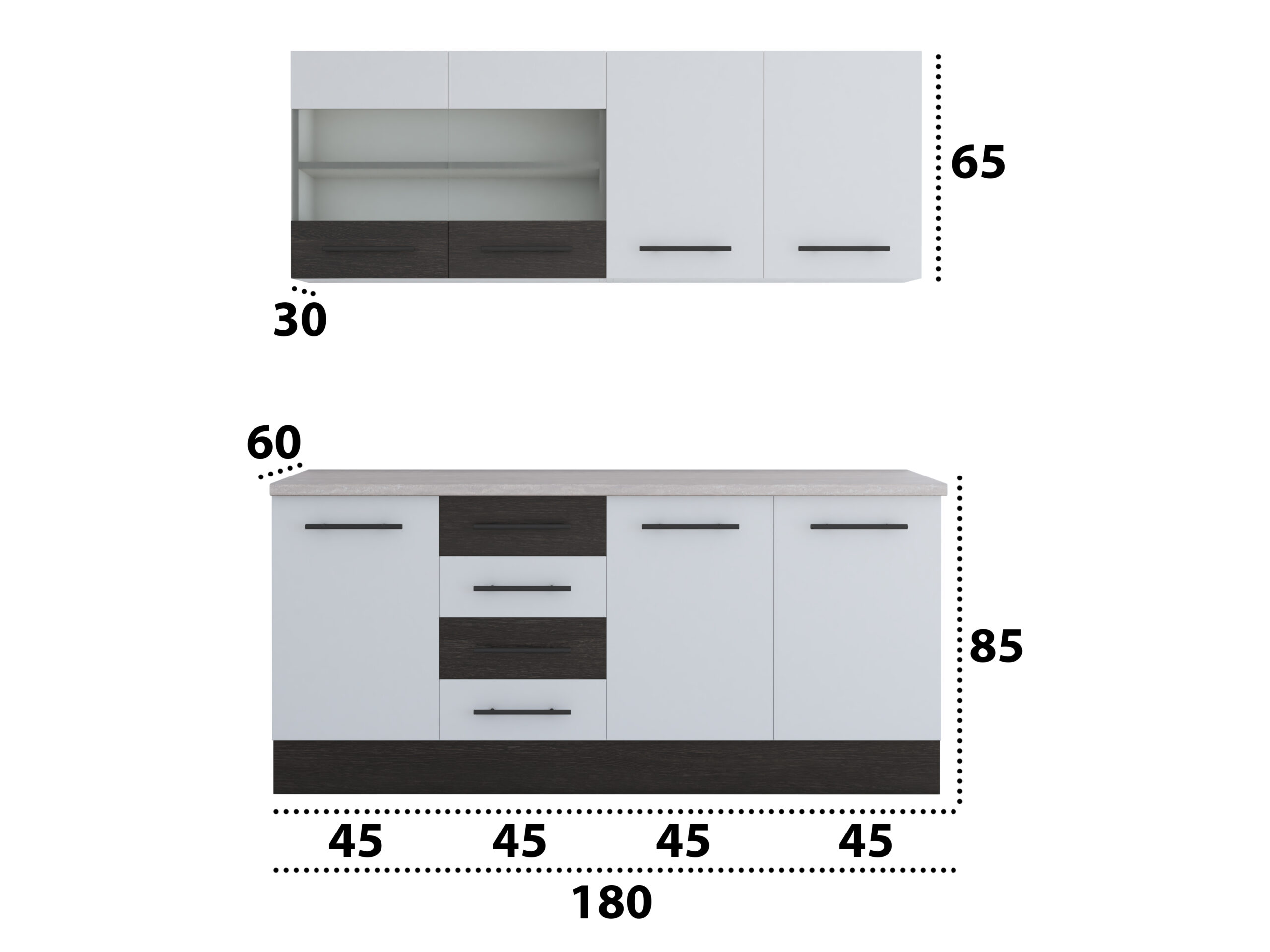 Bucatarie Alfa 180, cu vitrina, alb/wenge, blat termic travertin - imagine 5