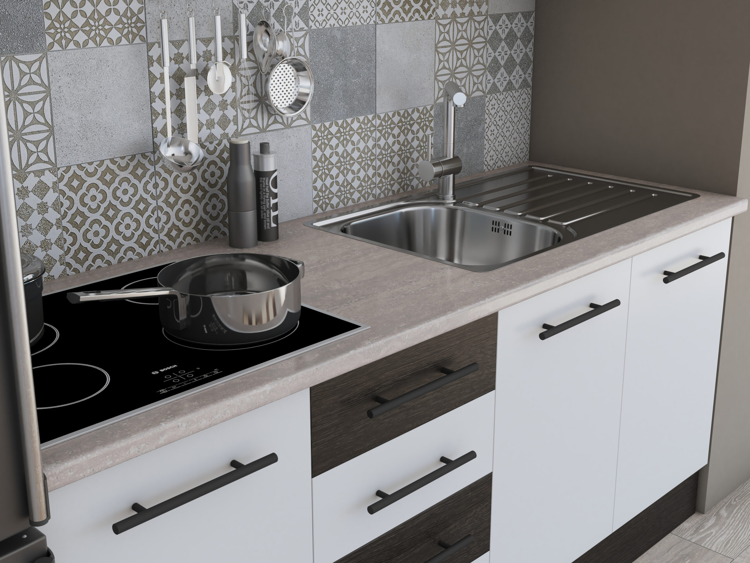 Bucatarie Alfa 180, cu vitrina, alb/wenge, blat termic travertin - imagine 6