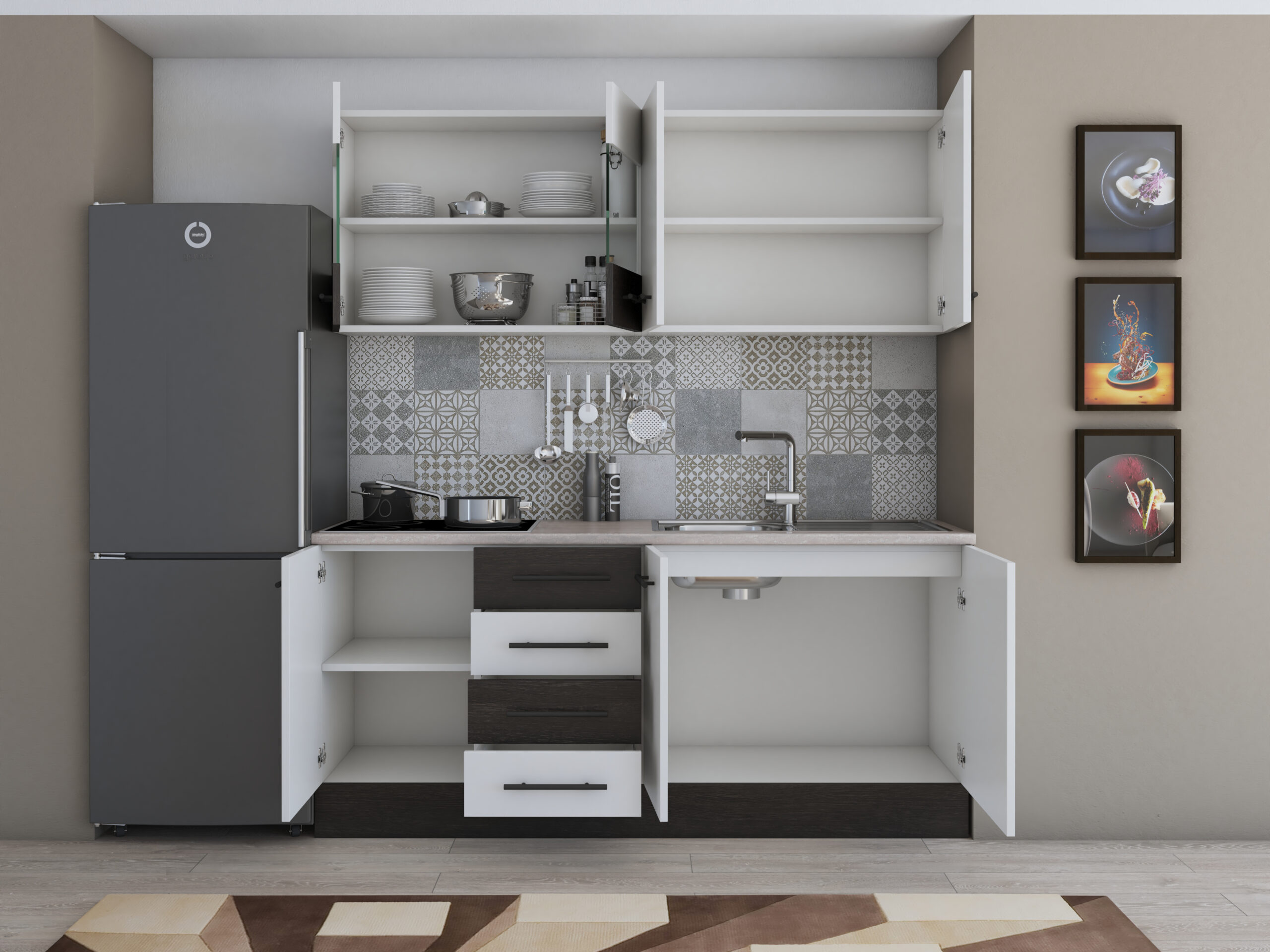 Bucatarie Alfa 180, cu vitrina, alb/wenge, blat termic travertin - imagine 2